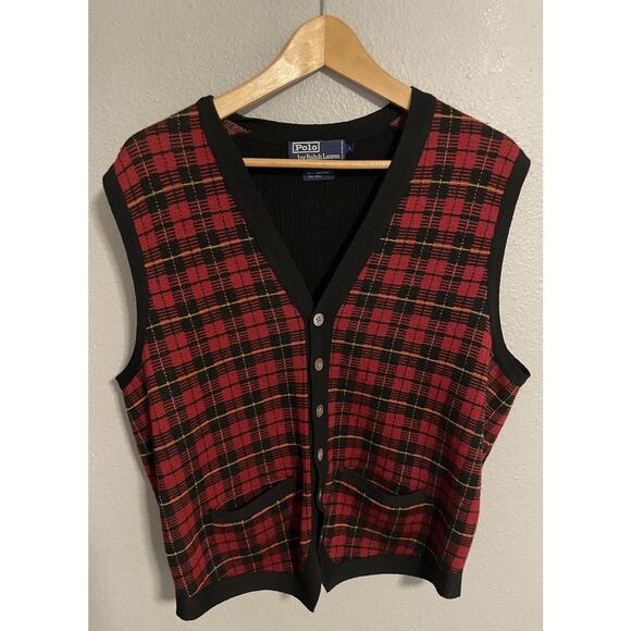 VTG Polo Ralph Lauren Mens Sweater Vest Large Red Plaid Lambswool Blend FLAW
